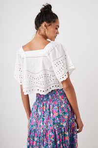Cropped square neck off-white top with mother of pearl style front button fastenings eyelet embroidery and scalloped edges