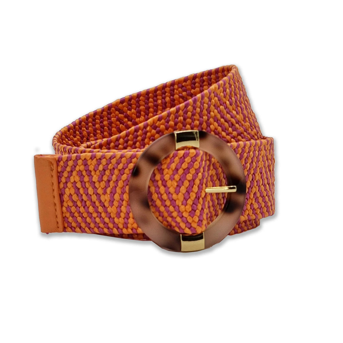 Pink and orange woven elasticated belt with circular resin buckle and gold trim