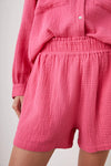 Pink cheese-cloth style cotton shorts with elasticated waistband and slant side pockets