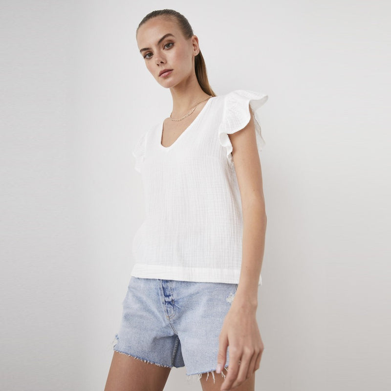 White V neck cheese-cloth top with short ruffle sleeves