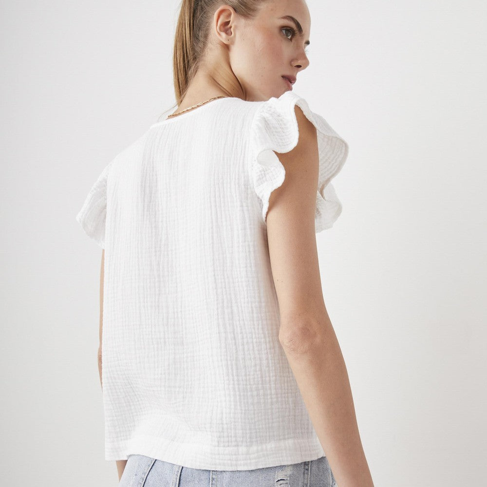White V neck cheese-cloth top with short ruffle sleeves