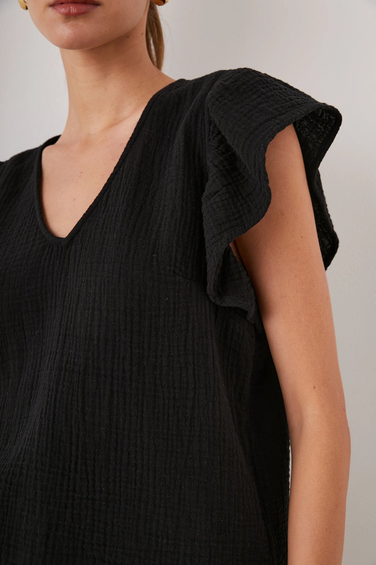 Black V neck cheese-cloth top with short ruffle sleeves