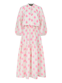 Ecru maxi dress with long sleeves and neon pink print and deep frill  with shirred waist