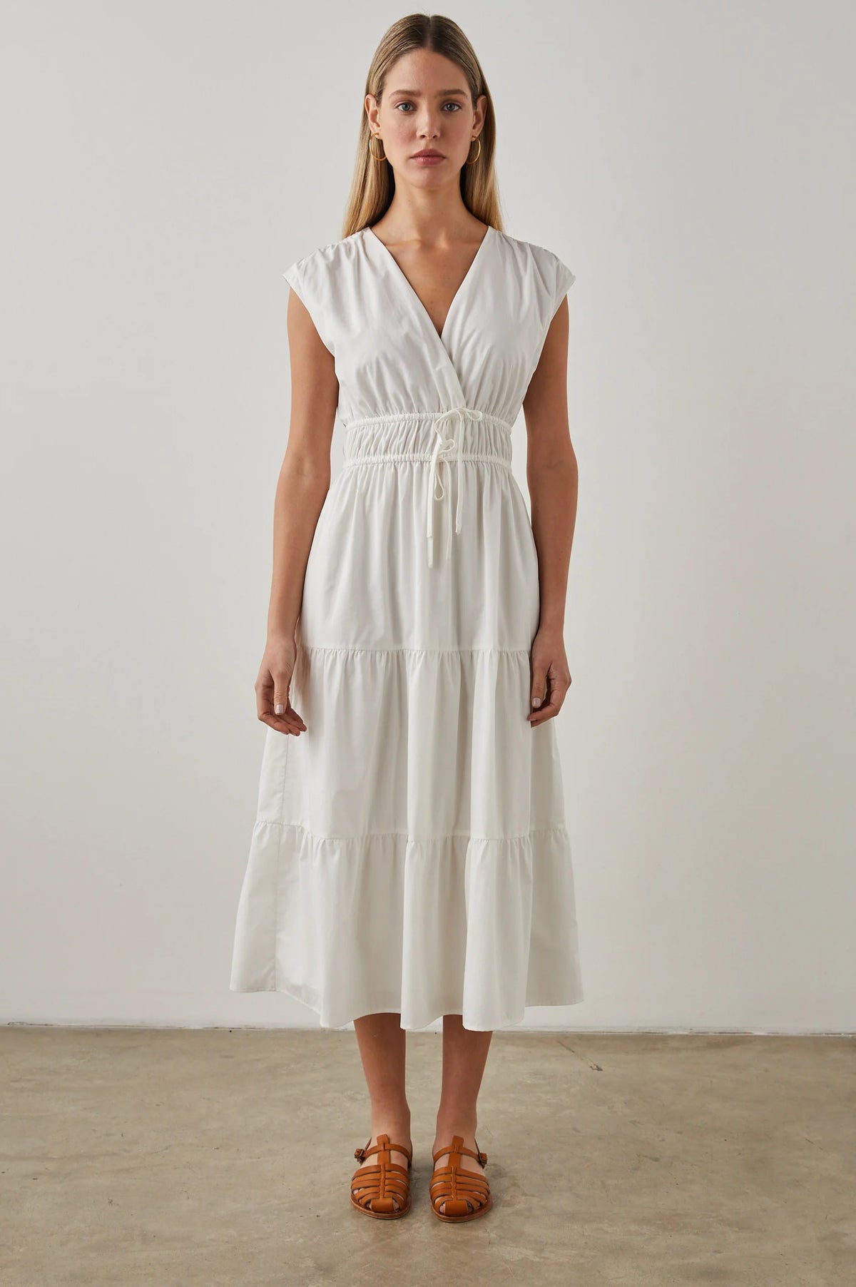 V neck wide strap dress with three tiers and elasticated and self tie fabric tie
