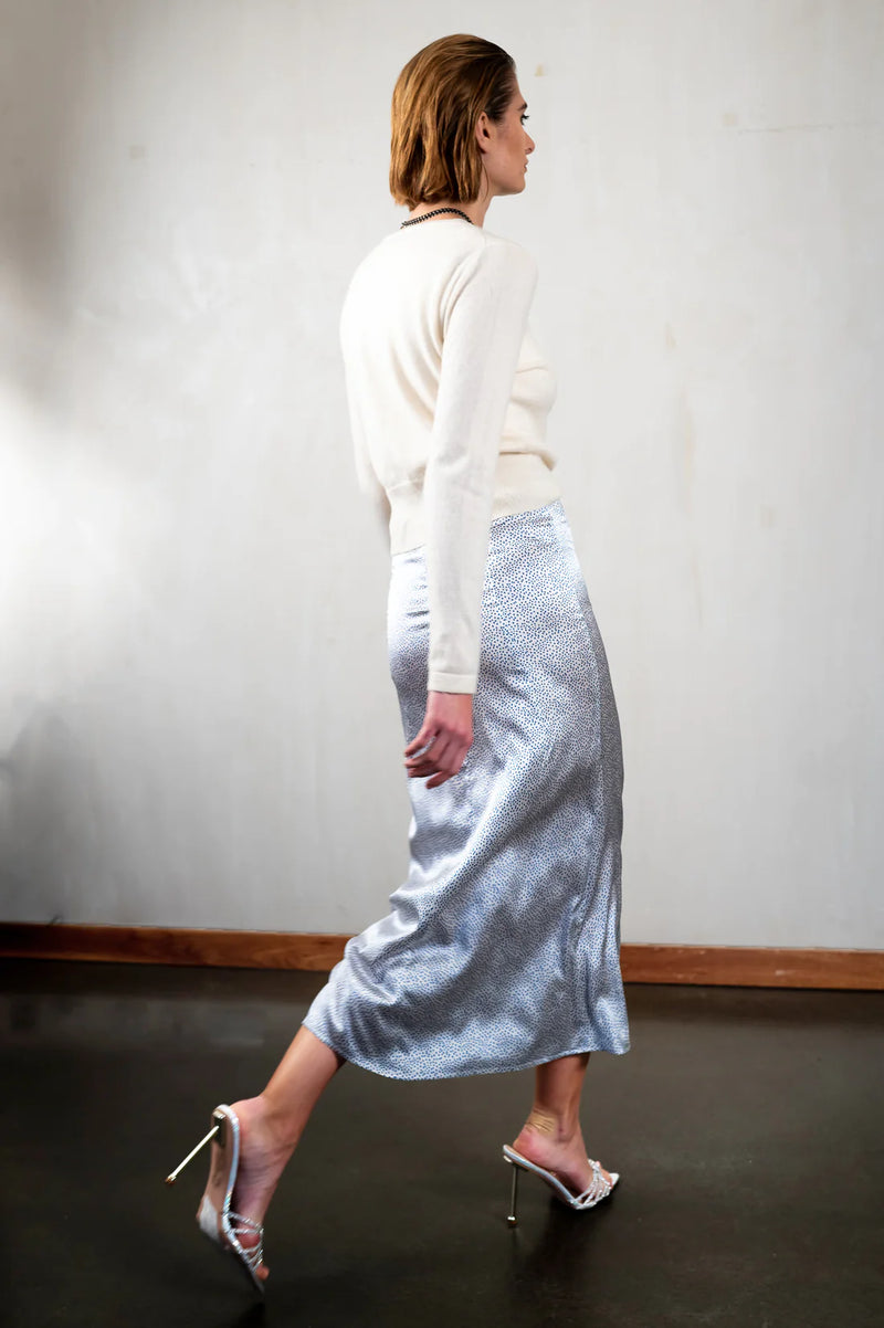 Ivory and blue dotted midi silk slip skirt