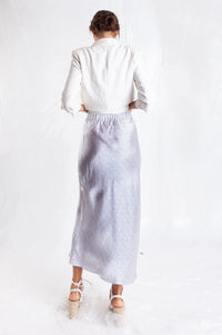 Ivory and blue dotted midi silk slip skirt