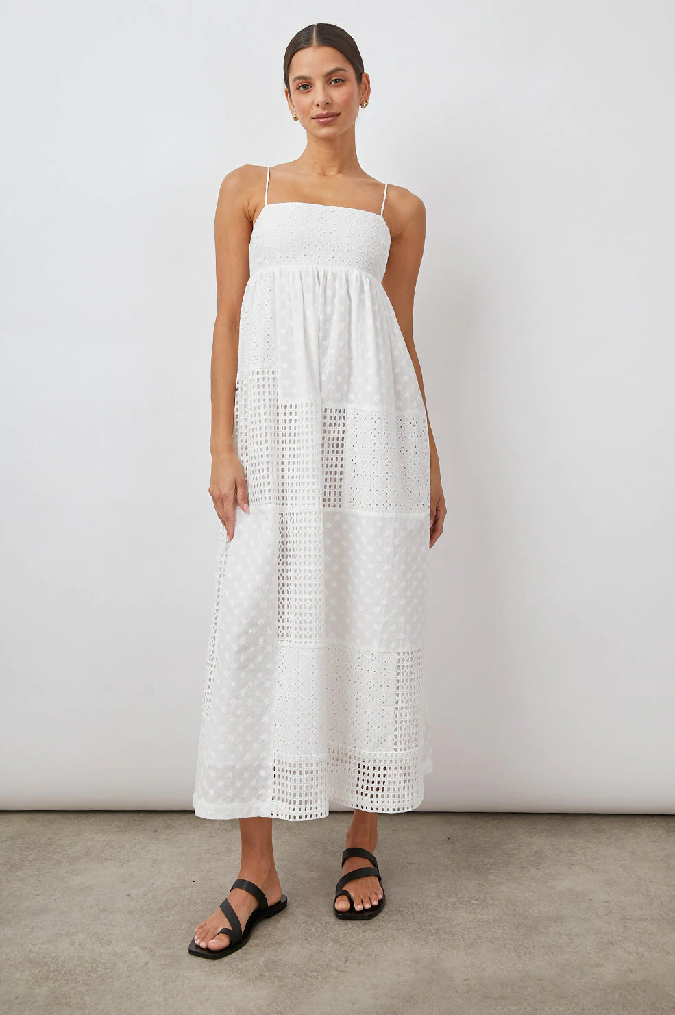 White cotton dress with spaghetti straps in patchwork fabric