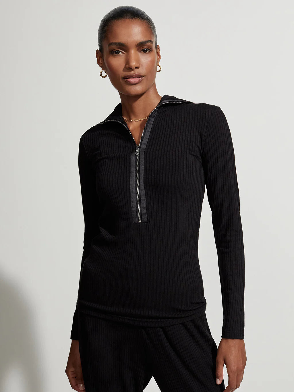 Half zip black ribbed fitted top with long sleeves