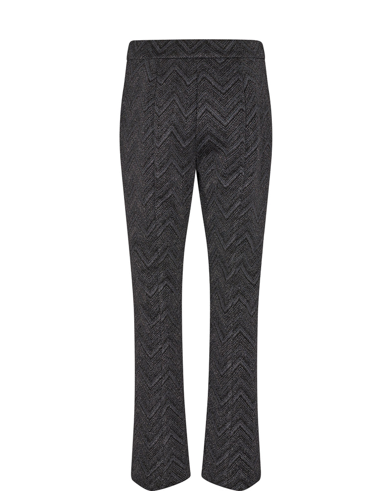 Dark grey stretch trousers with black and silver metallic zigzag pattern elasticated waistband