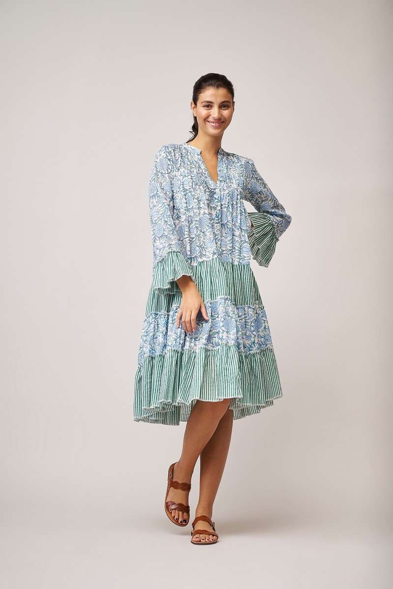 Knee length triple layered summer dress with long sleeves and ruffle cuffs, notch neck and half placket with button fastenings in contrasting fabrics