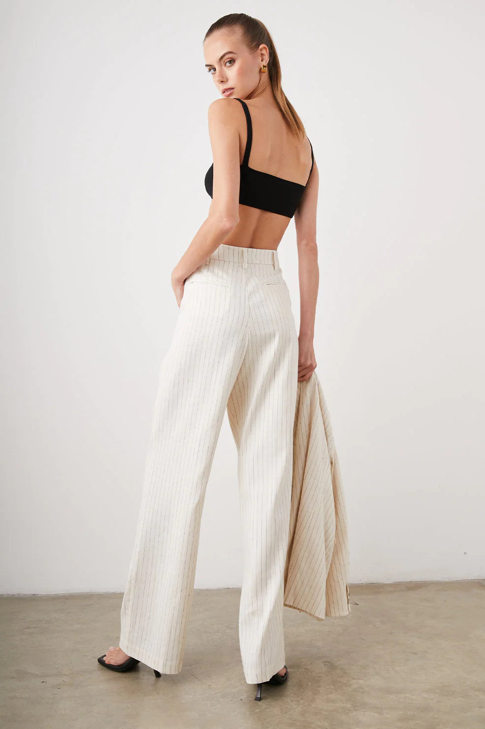 Wide leg ivory and navy pinstripe tailored wide leg trousers