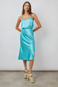 Satin slip skirt with side split in azure blue