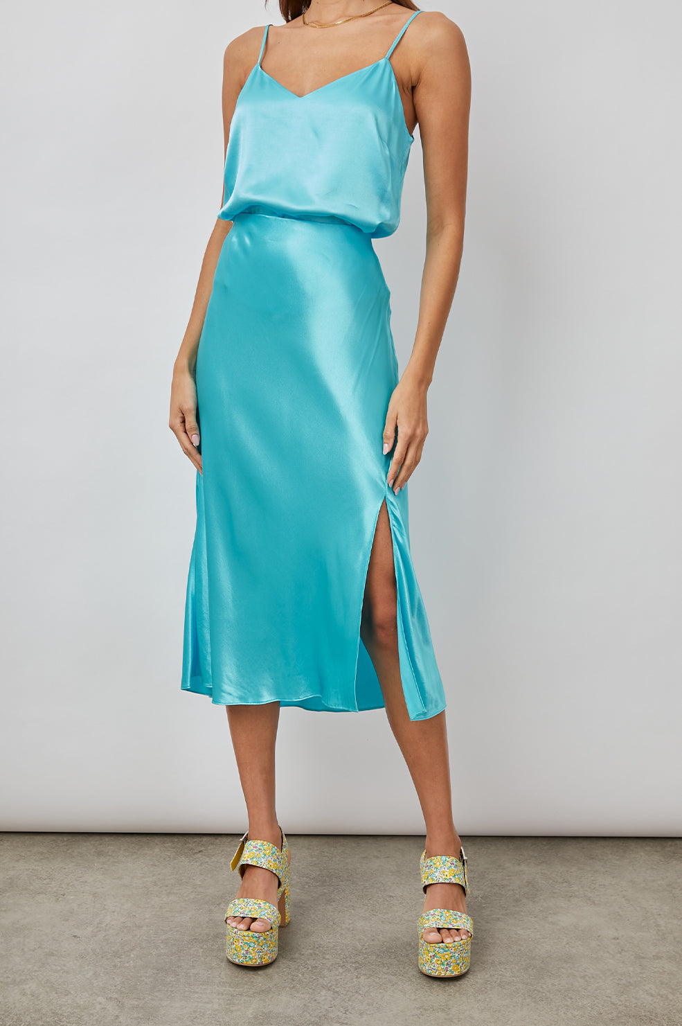 Satin slip skirt with side split in azure blue