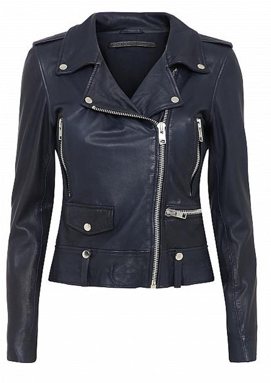 Super soft navy leather biker jacket from MDK