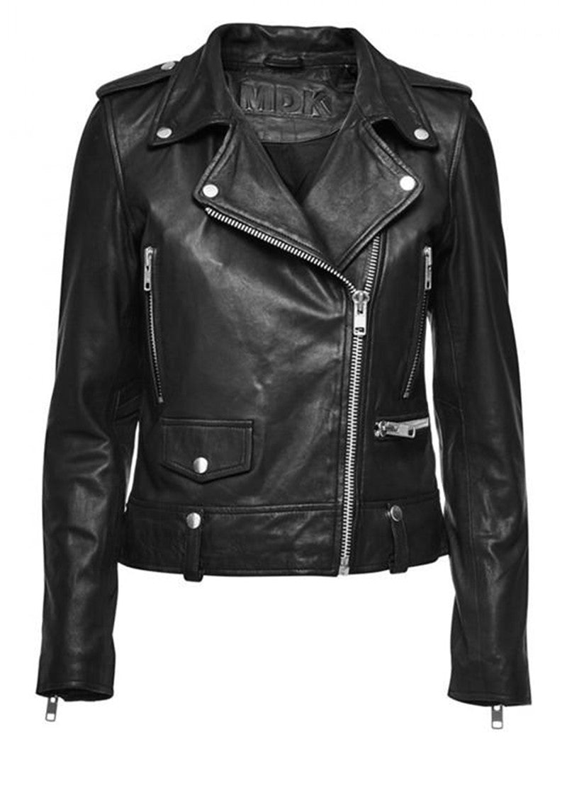 Black leather biker jacket with silver hardware