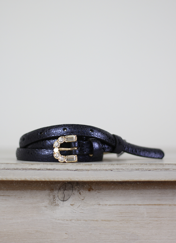 Narrow Belt Leather Metallic Navy