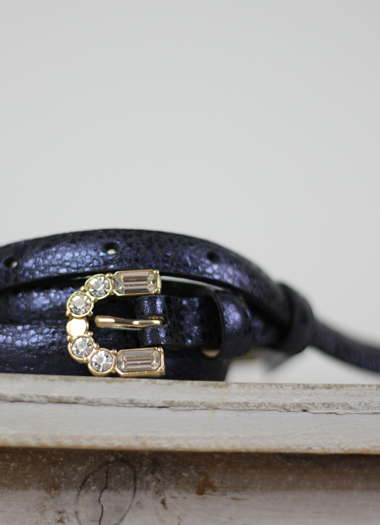 Narrow Belt Leather Metallic Navy