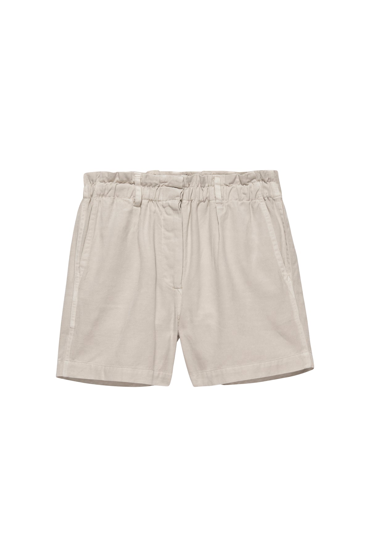 Stone coloured paper bag shorts with slant pockets and welt rear pockets