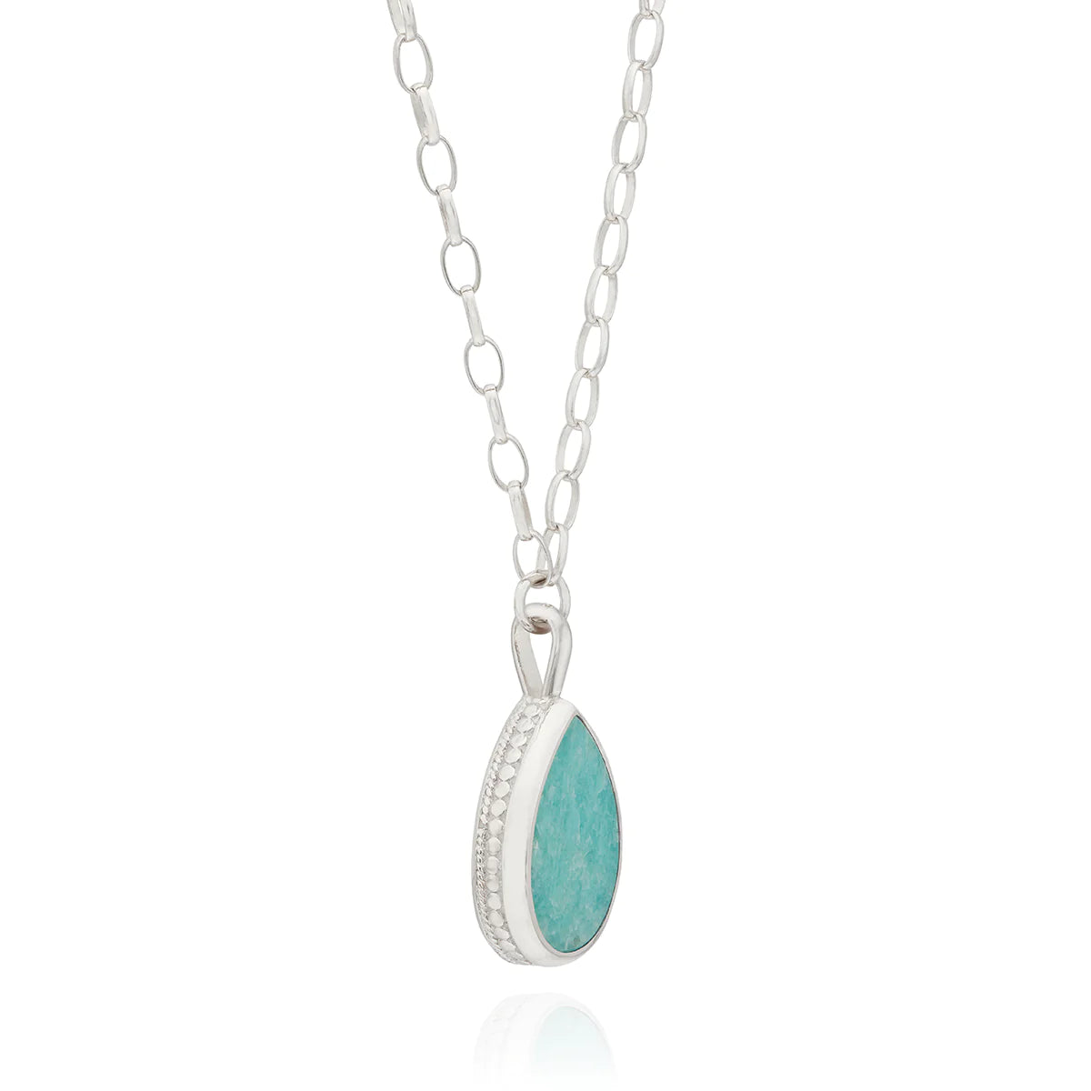 Silver amazonite teardrop pendant necklace on silver plated chain