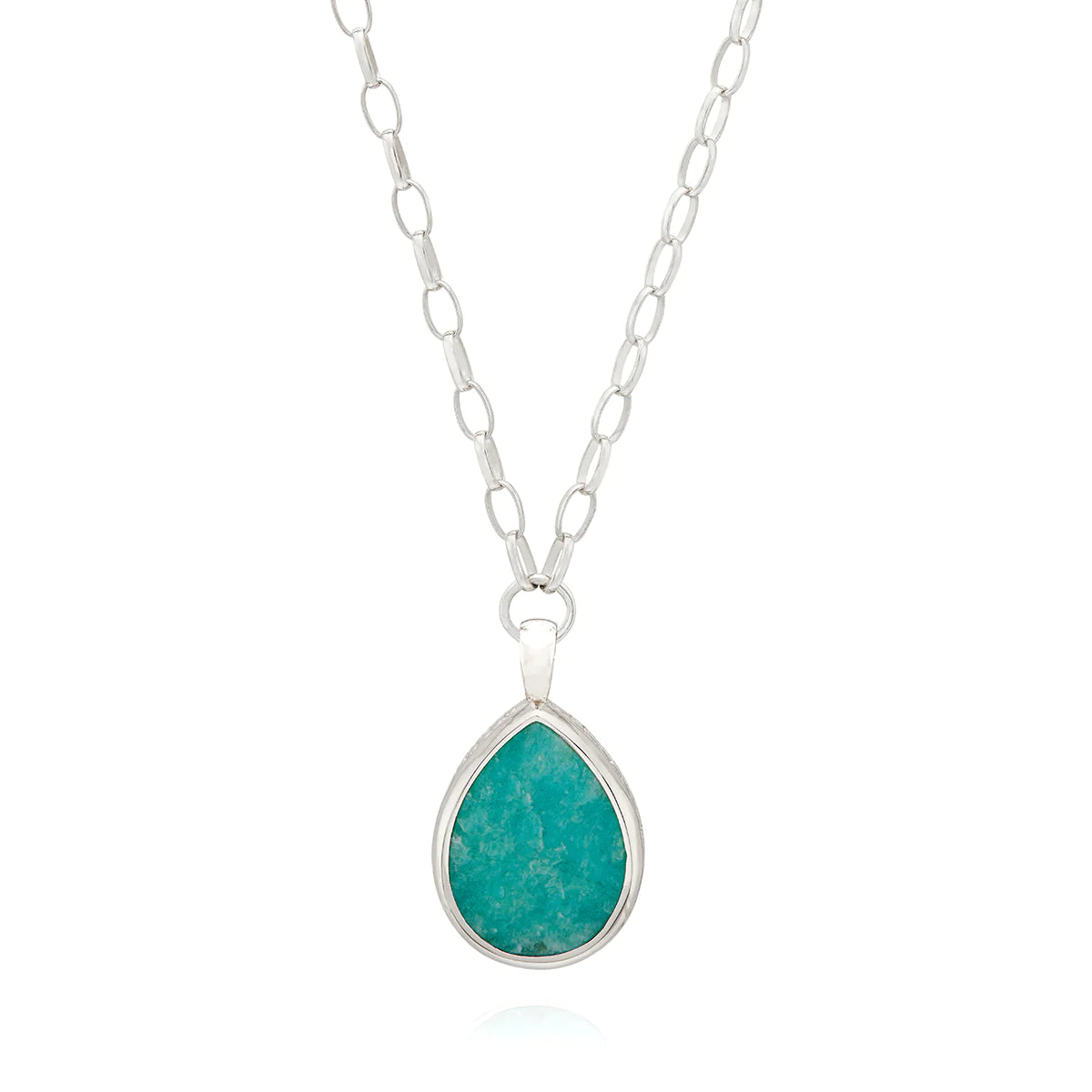 Silver amazonite teardrop pendant necklace on silver plated chain