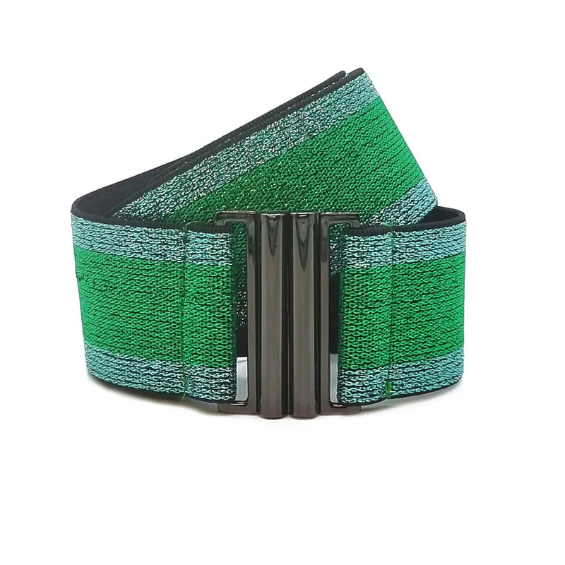 Green elasticated belt with sparkle and gun metal grey buckle