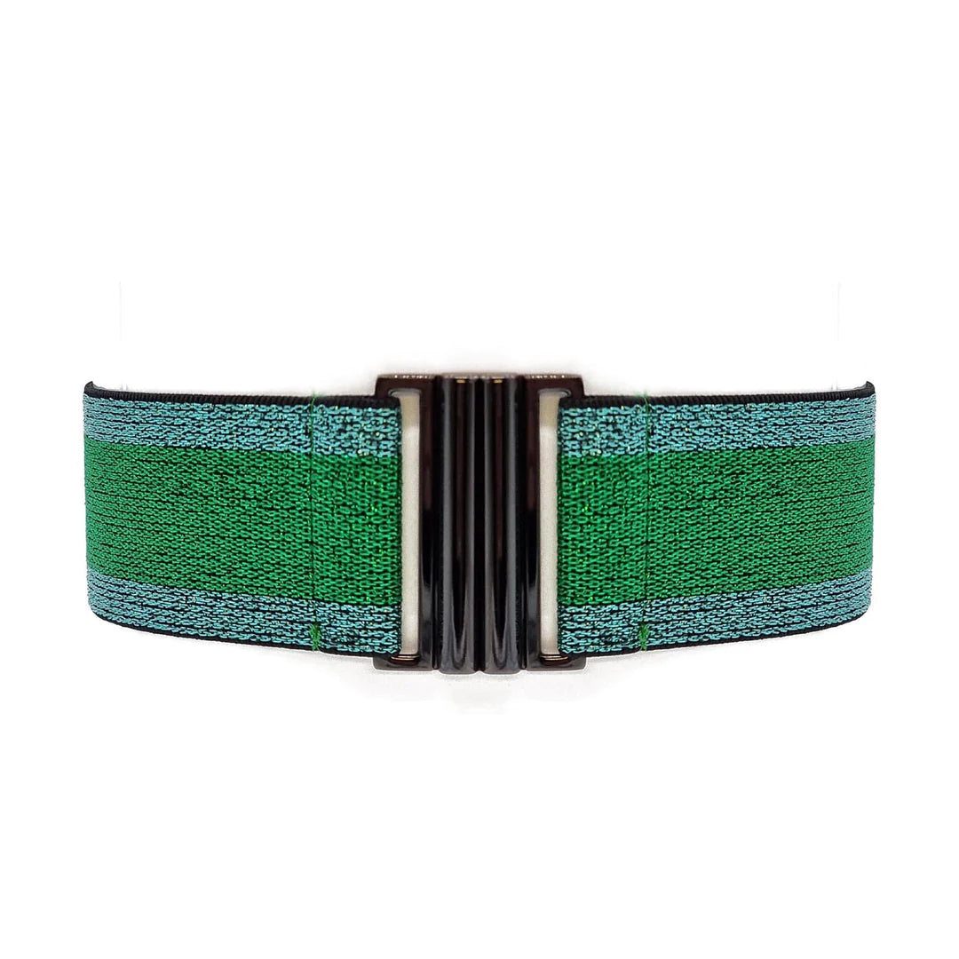 Green elasticated belt with sparkle and gun metal grey buckle