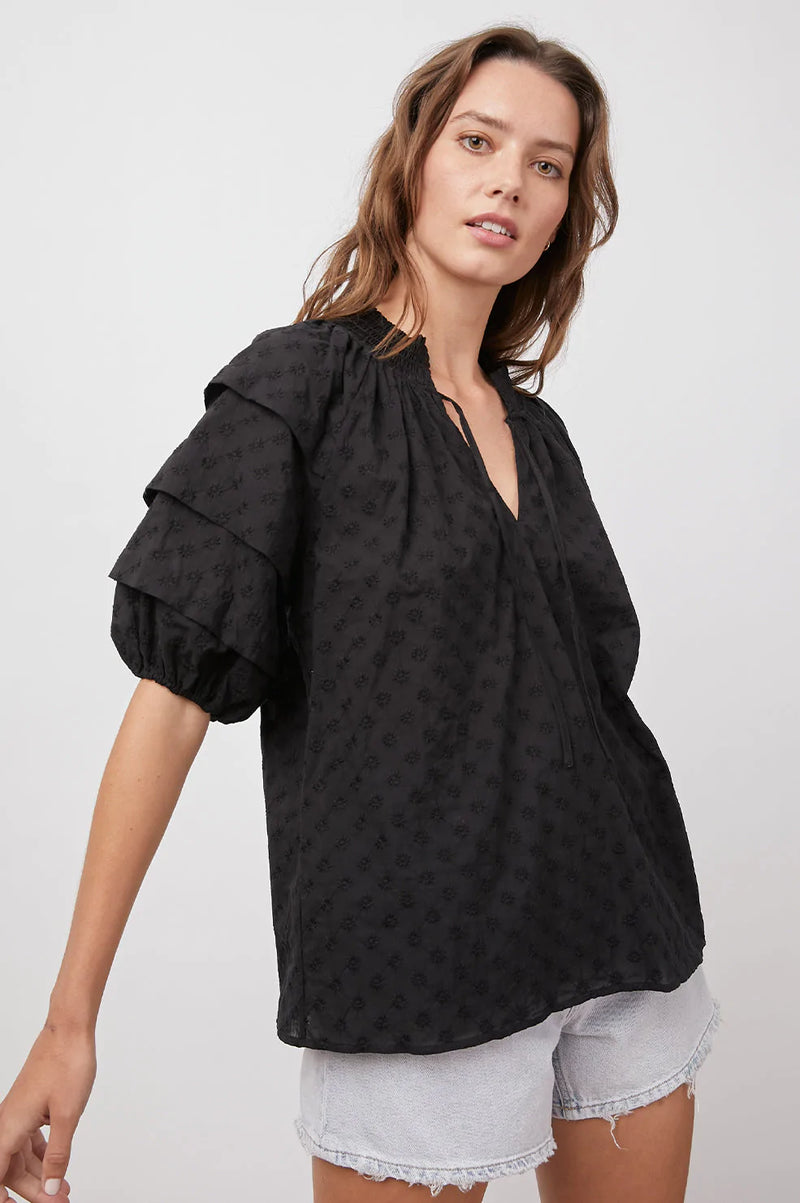 Black short sleeved cotton top with shirred nec