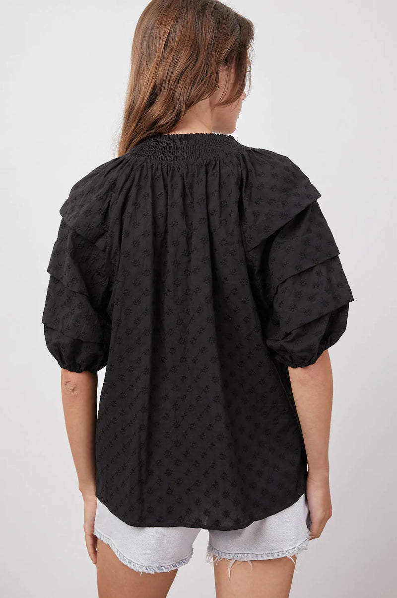Black short sleeved cotton top with shirred nec