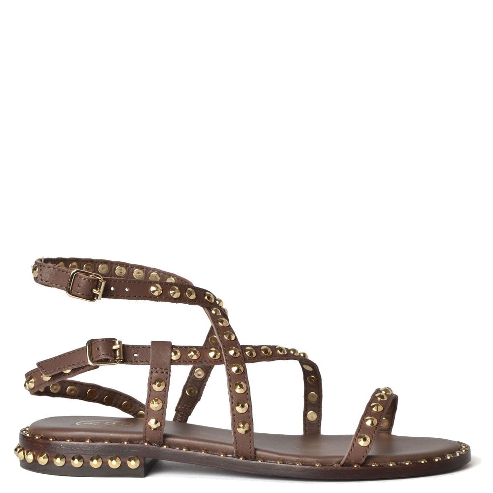 Chestnut strappy leather sandals with caged strap details and domed studs throughout