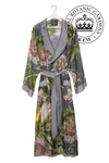 Grey dressing robe with passion flower print in green pink sna dyello with pockets and contrast grey cuffs tie belt and collar