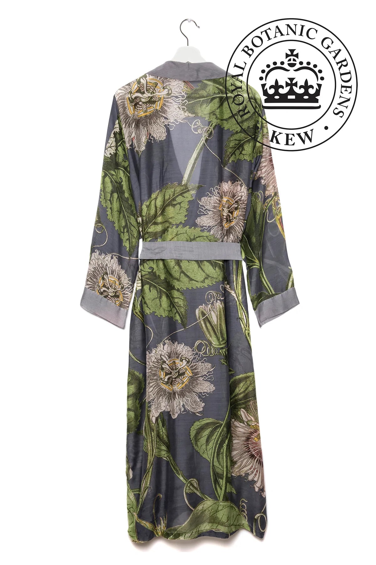 Grey dressing robe with passion flower print in green pink sna dyello with pockets and contrast grey cuffs tie belt and collar