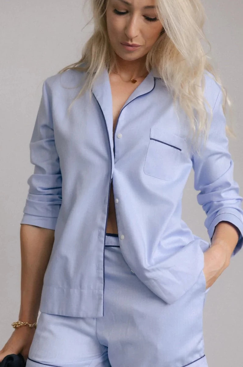 Blue herringbone organic cotton pyjama top with navy piping 