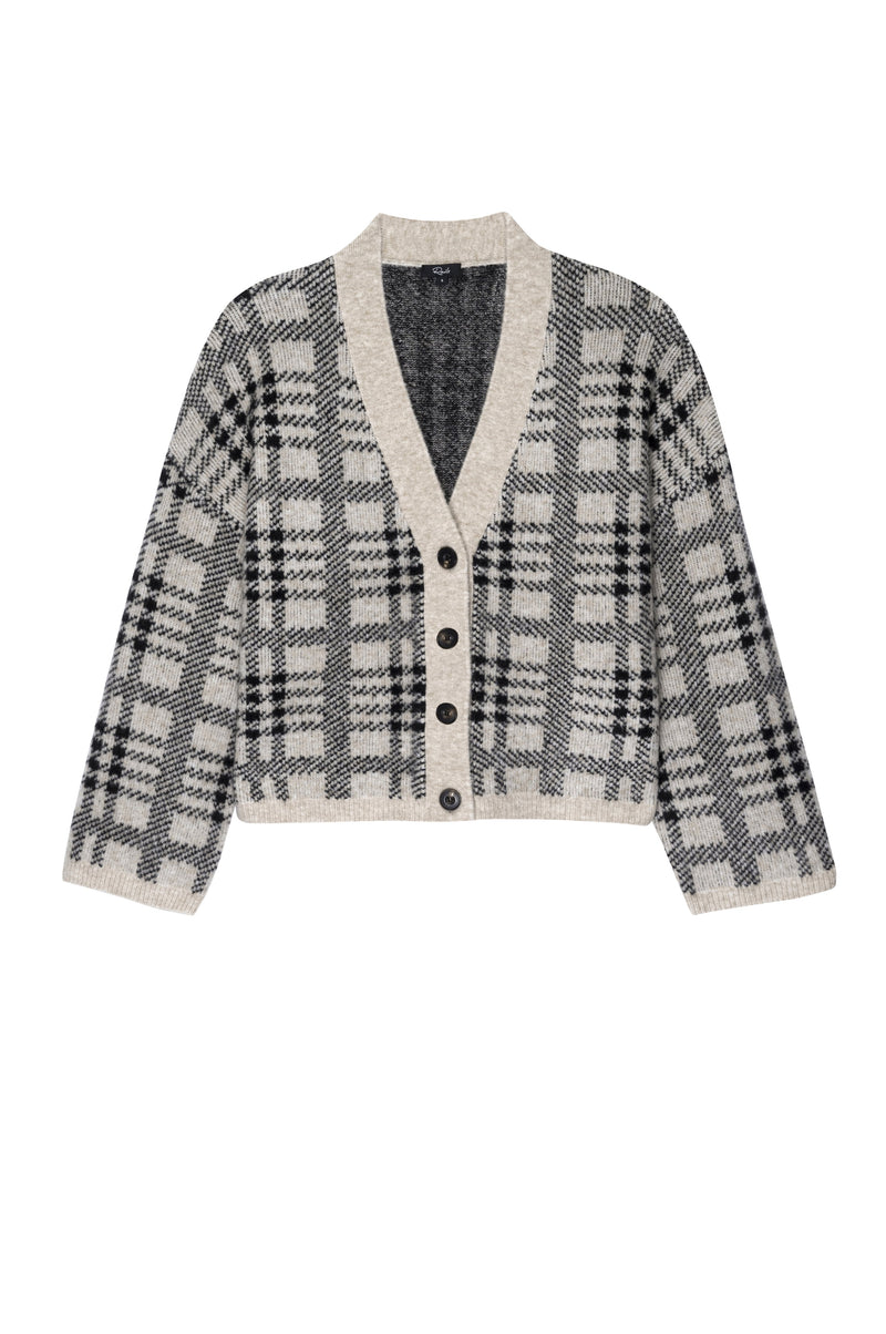 Crop V neck cardigan in beige with a black check