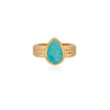 Gold and amazonite cocktail ring with a teardrop stone and gold dotted details on the band