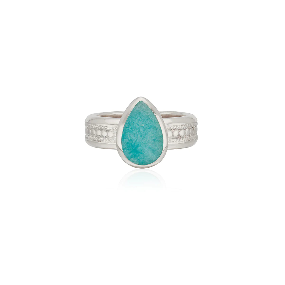 Silver and amazonite cocktail ring on silver band with dotted details
