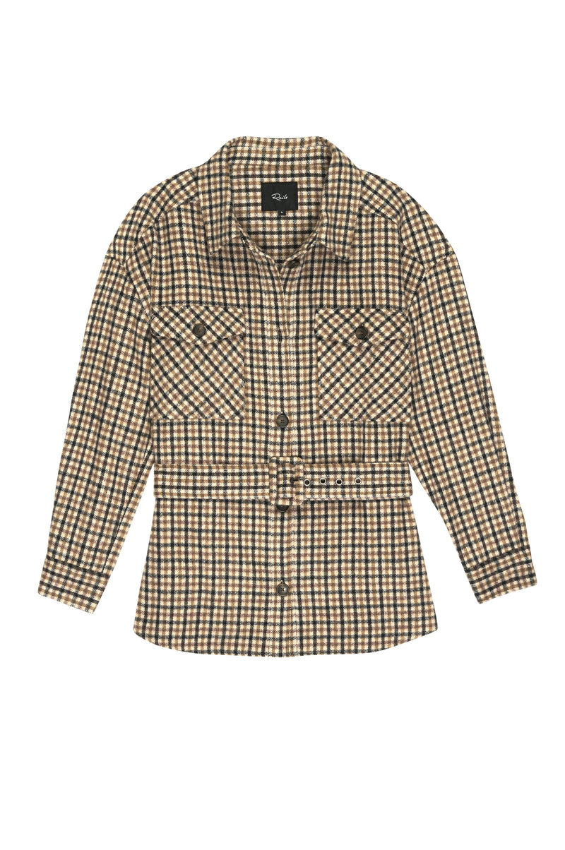 Mocha check brushed flannel coat with removable covered buckle belt