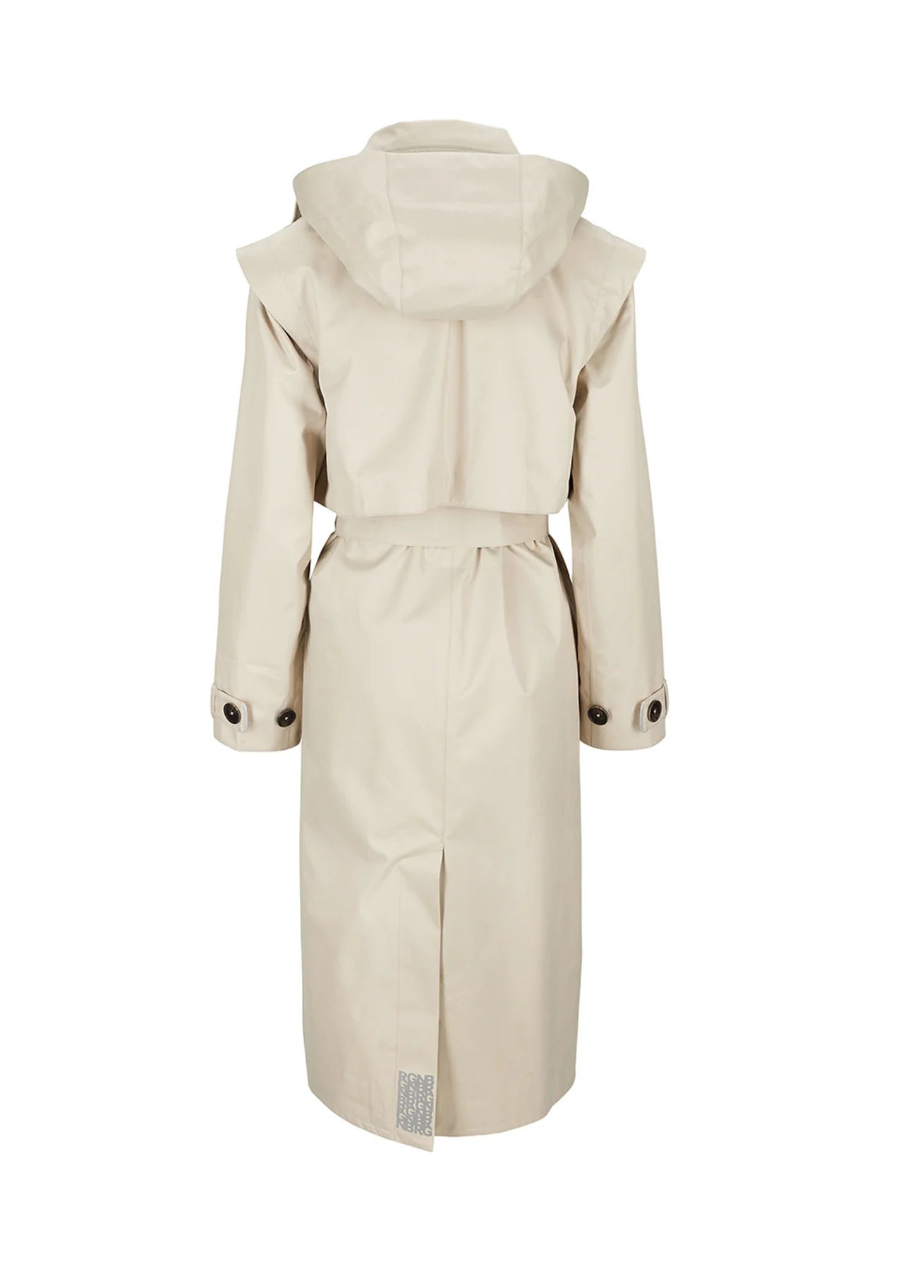 Long line sand trench coat with notch lapel tie waist and magnetic fastenings