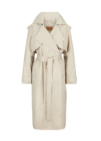 Long line sand trench coat with notch lapel tie waist and magnetic fastenings