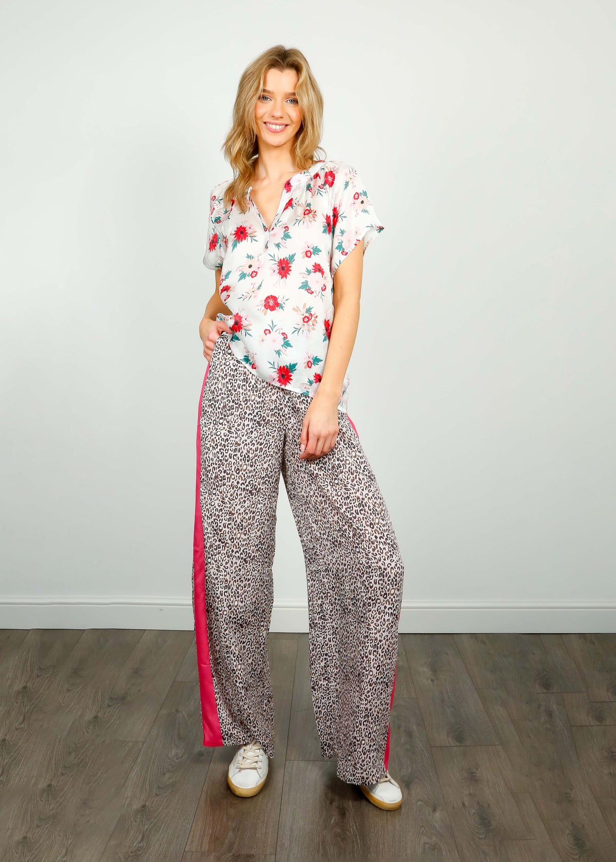 Blush pink wide leg trousers with pink stripe
