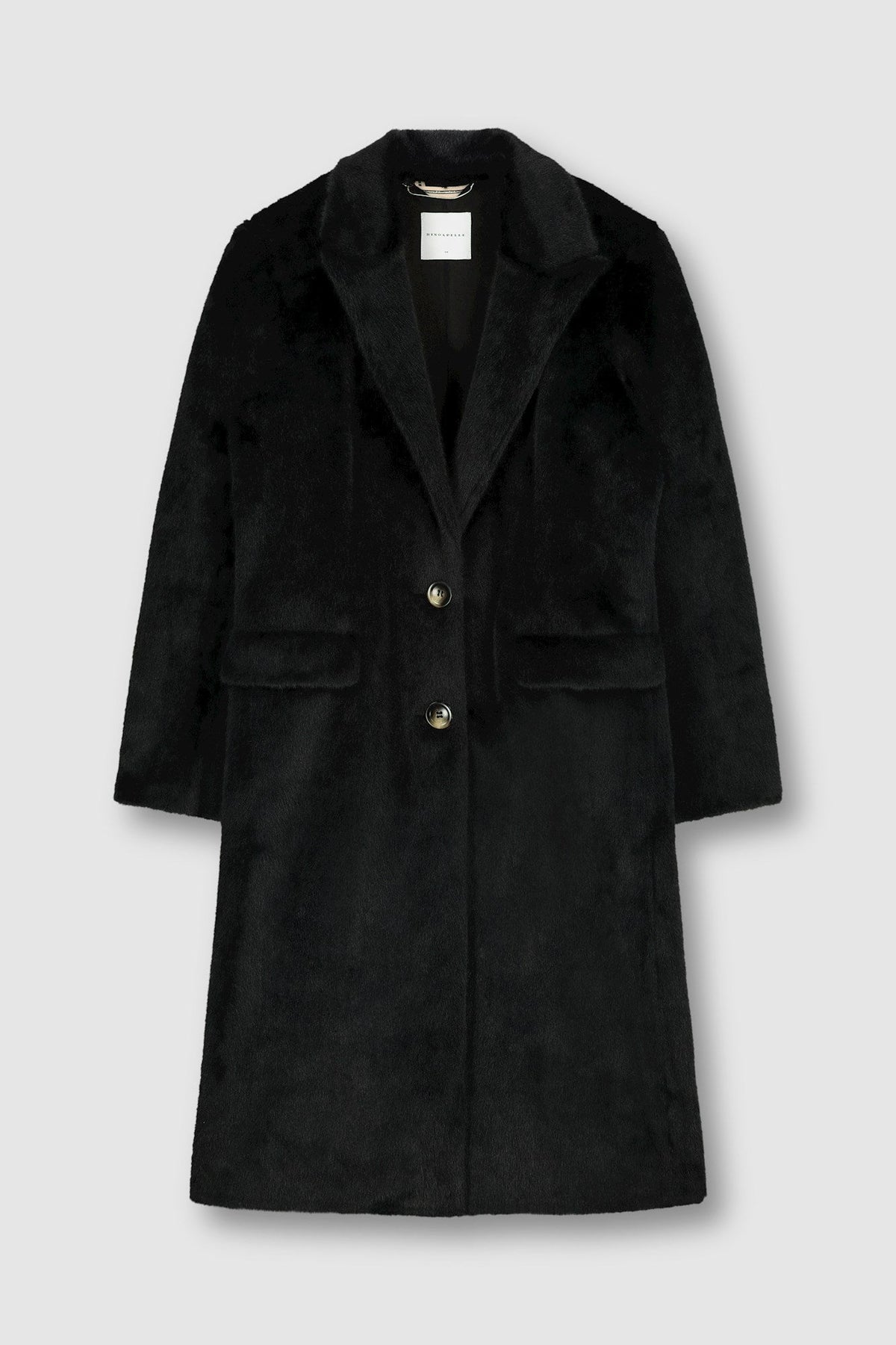Midi length faux fur single breasted classic collar winter coat with two front pockets black