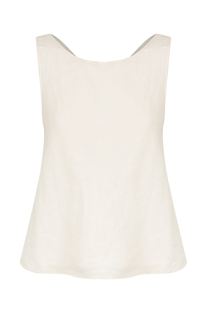 Sleeveless linen top with cross over back and elasticated back in ecru