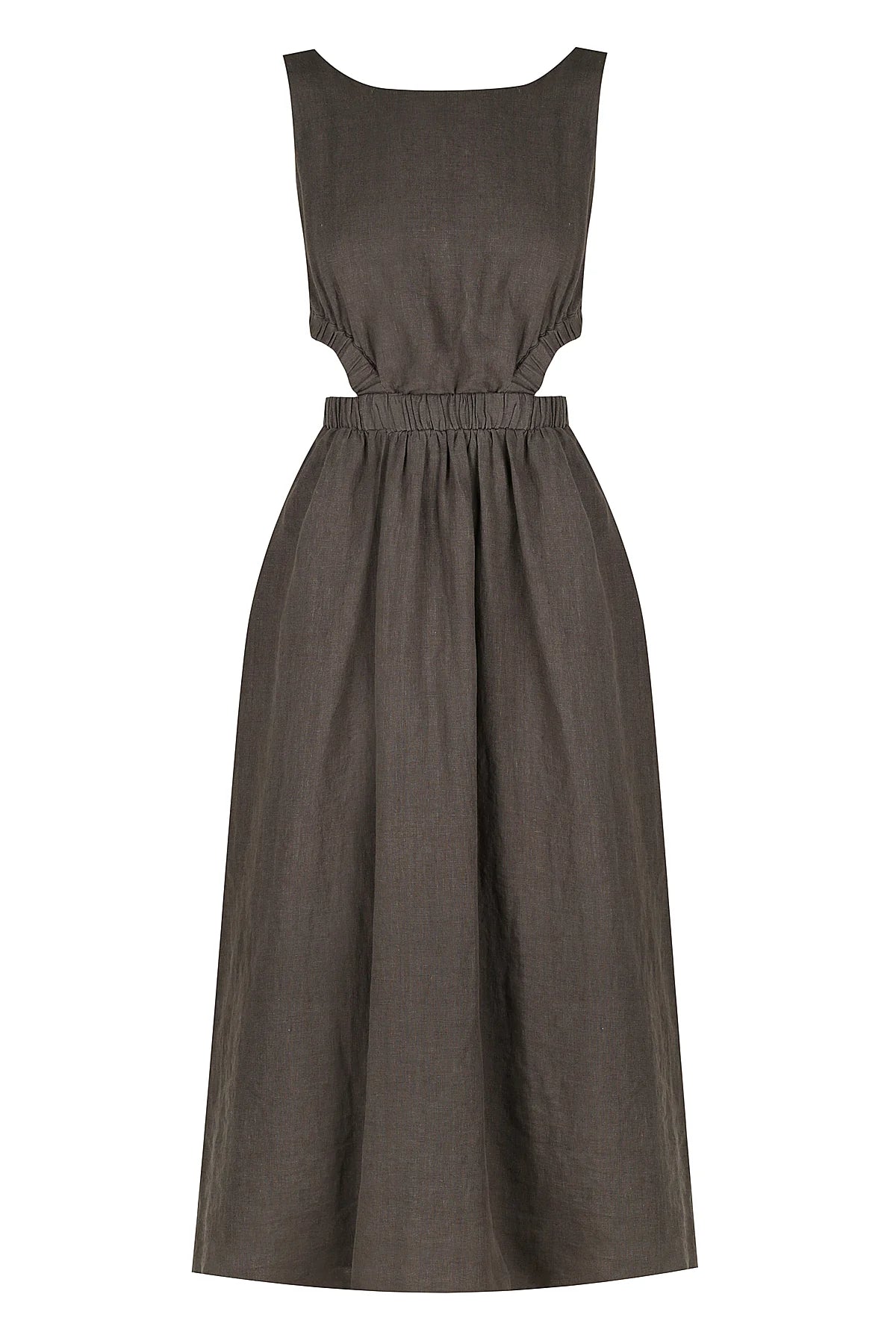Charcoal linen midi dress with high neck and elasticated cut out features with a cross back