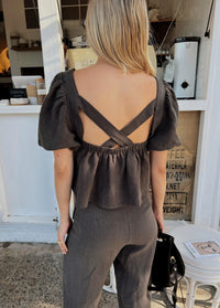 Charcoal top with square neck and cross back detail short sleeves
