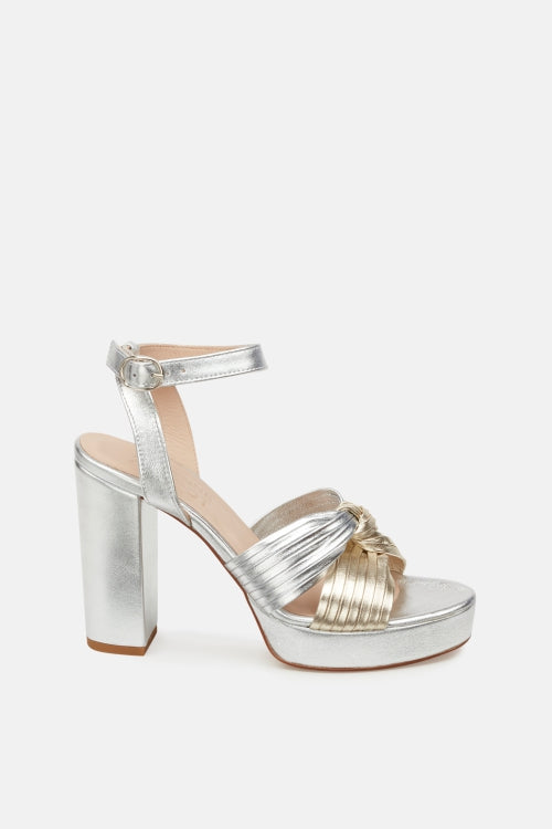 Silver block heel and platform sandal with gold and silver ribboned knot detail