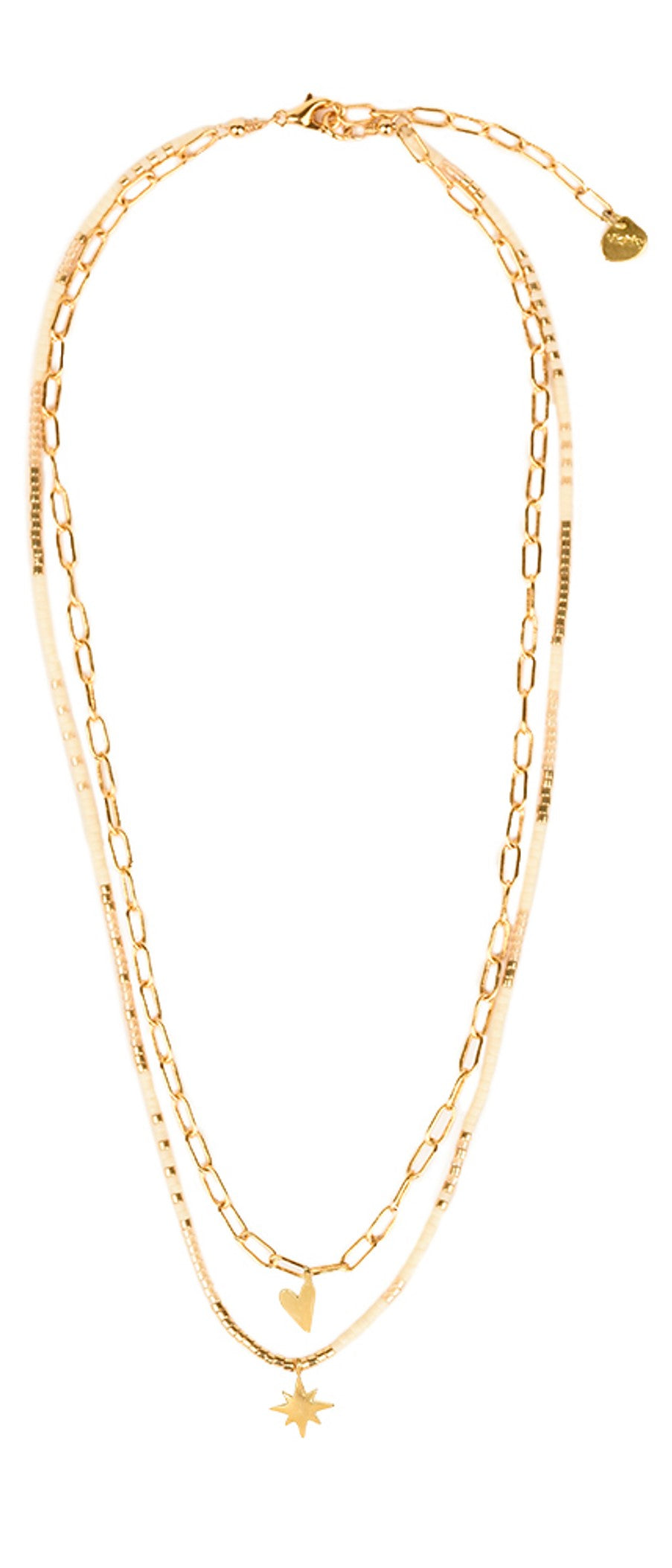 Double layer necklace with beading and a chain in gold and cream 