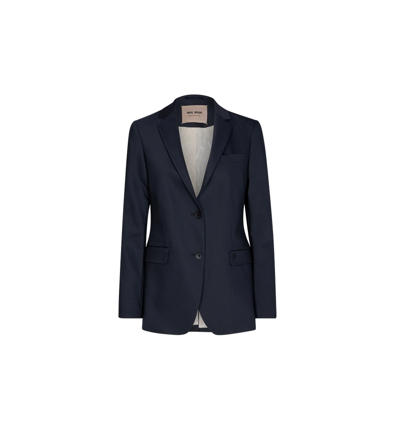 Navy long sleeve blazer with notch lapel and classic collar double button fastening and ecru jacquard lining