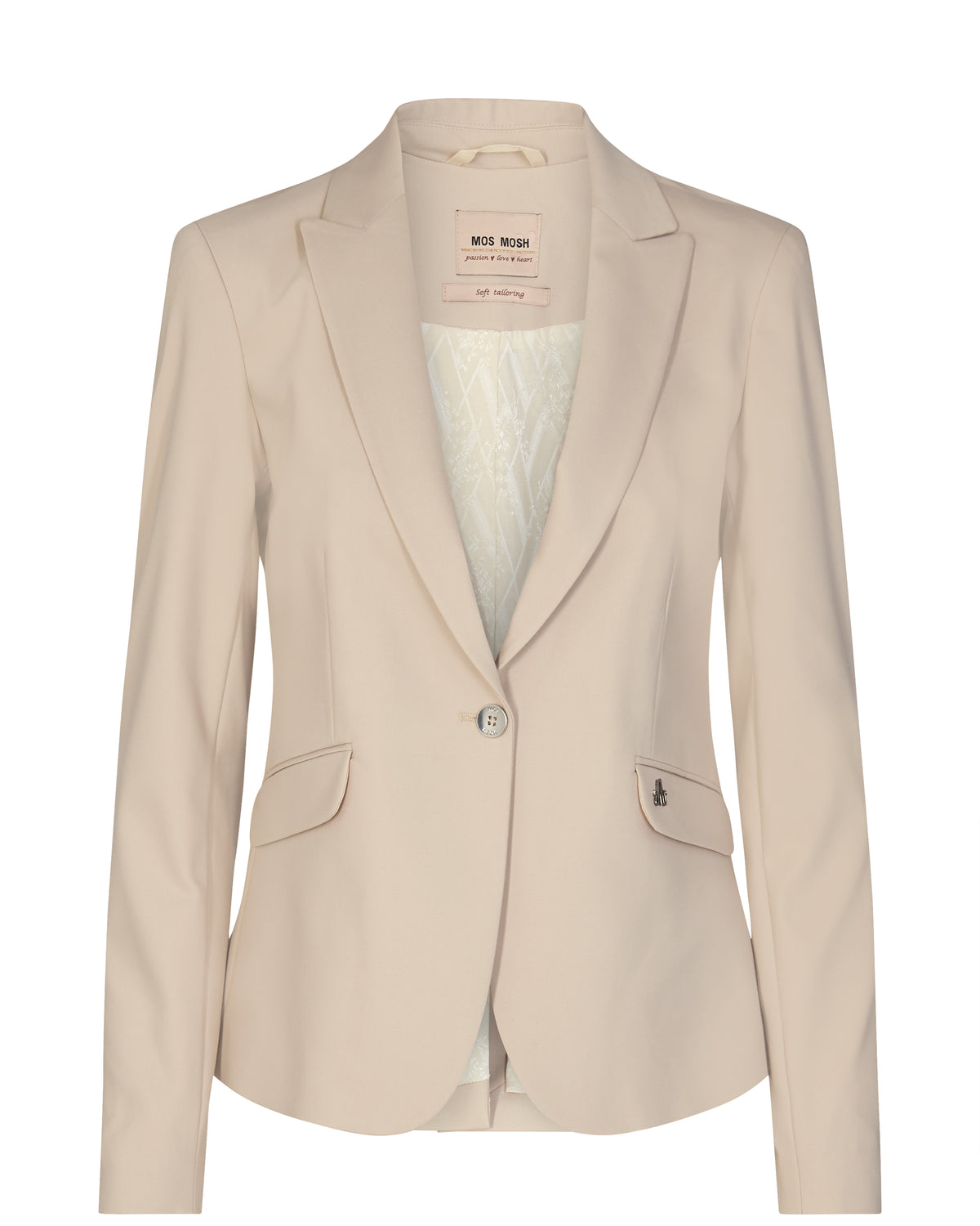 Putty grey single breasted blazer in recycled polyester and cotton blend with silvert coloured buttons