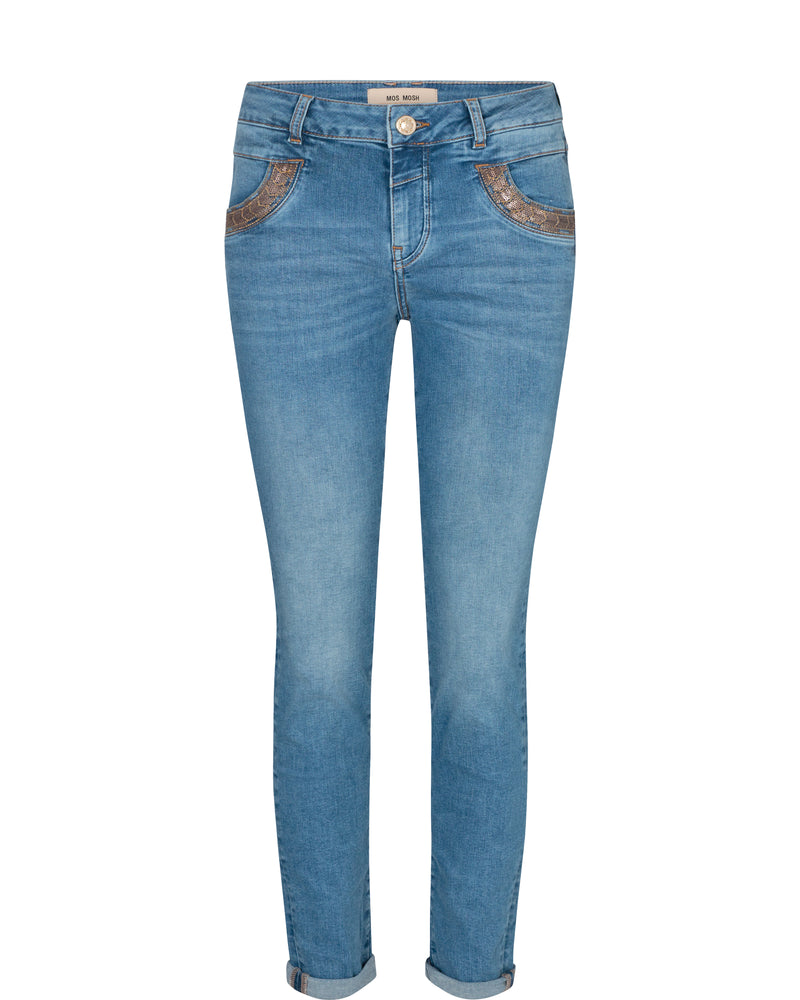 Mid rise slim leg jeans with pocket embellishment