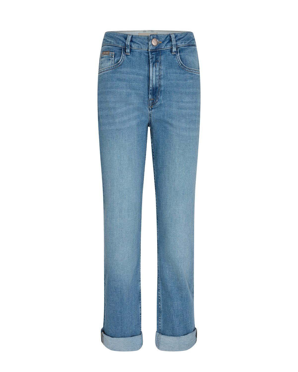 Mid rise pale wash denim with a rolled hem