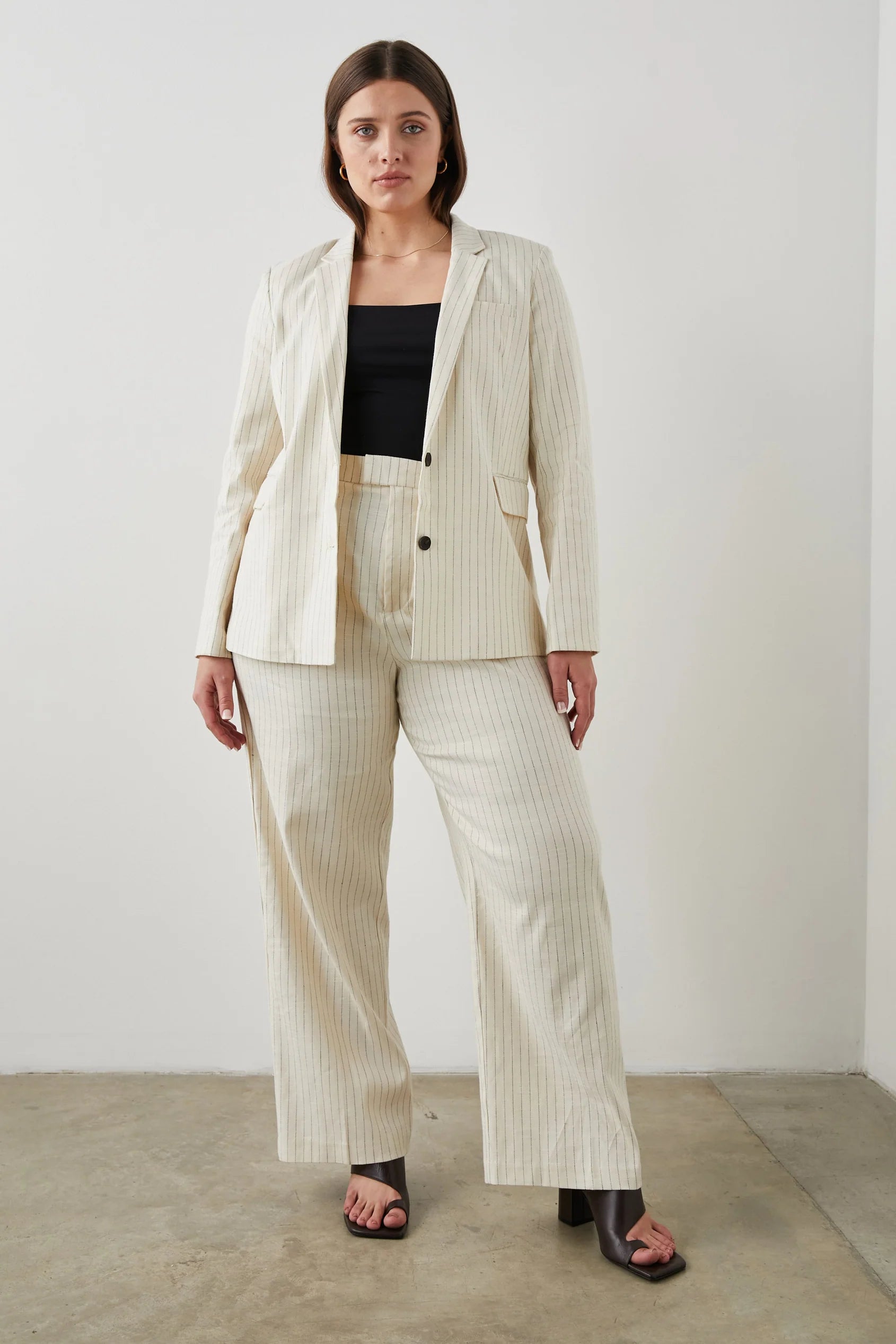 Wide leg ivory and navy pinstripe tailored wide leg trousers